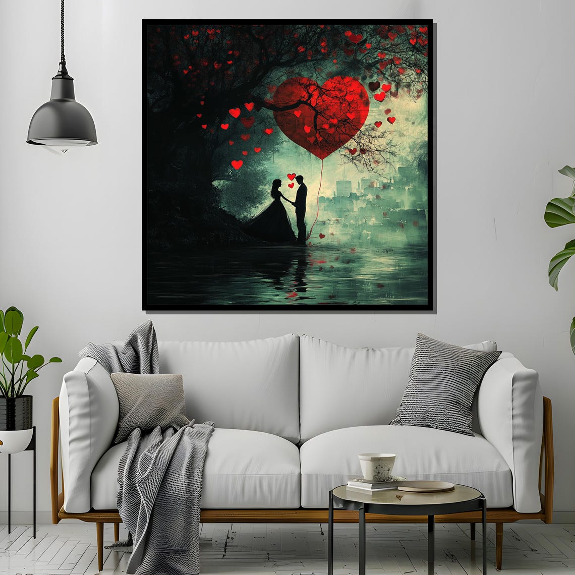 Lovers Silhouette Under Red Heart Tree by Teal Moonlit Lake Poster - Image 4