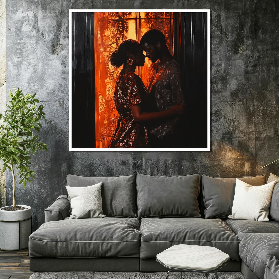 Couple Embrace in Doorway Against Fiery Orange Sunset Glow Poster - Image 2