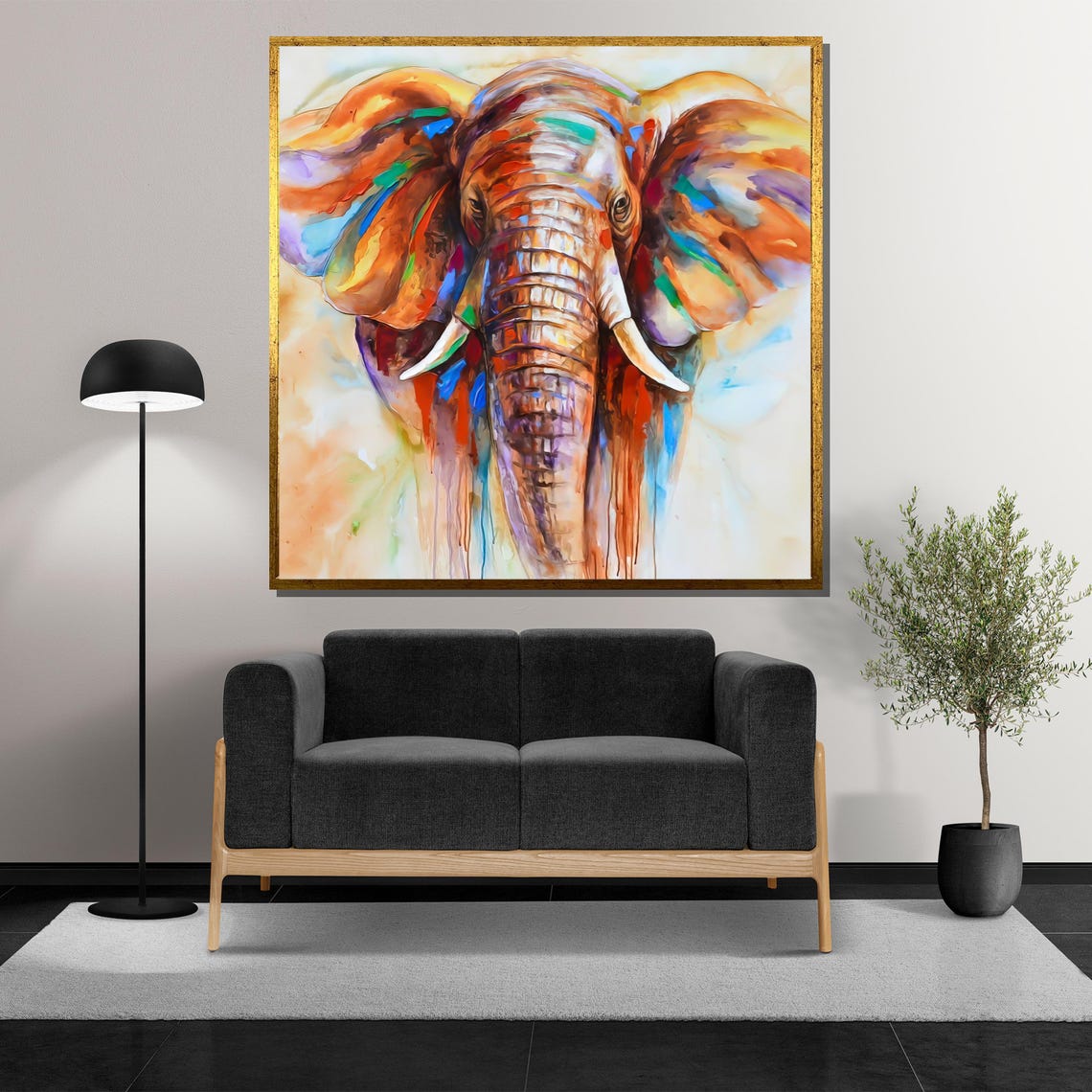 Colorful Watercolor Elephant Front Portrait Abstract Wildlife Poster - Image 5
