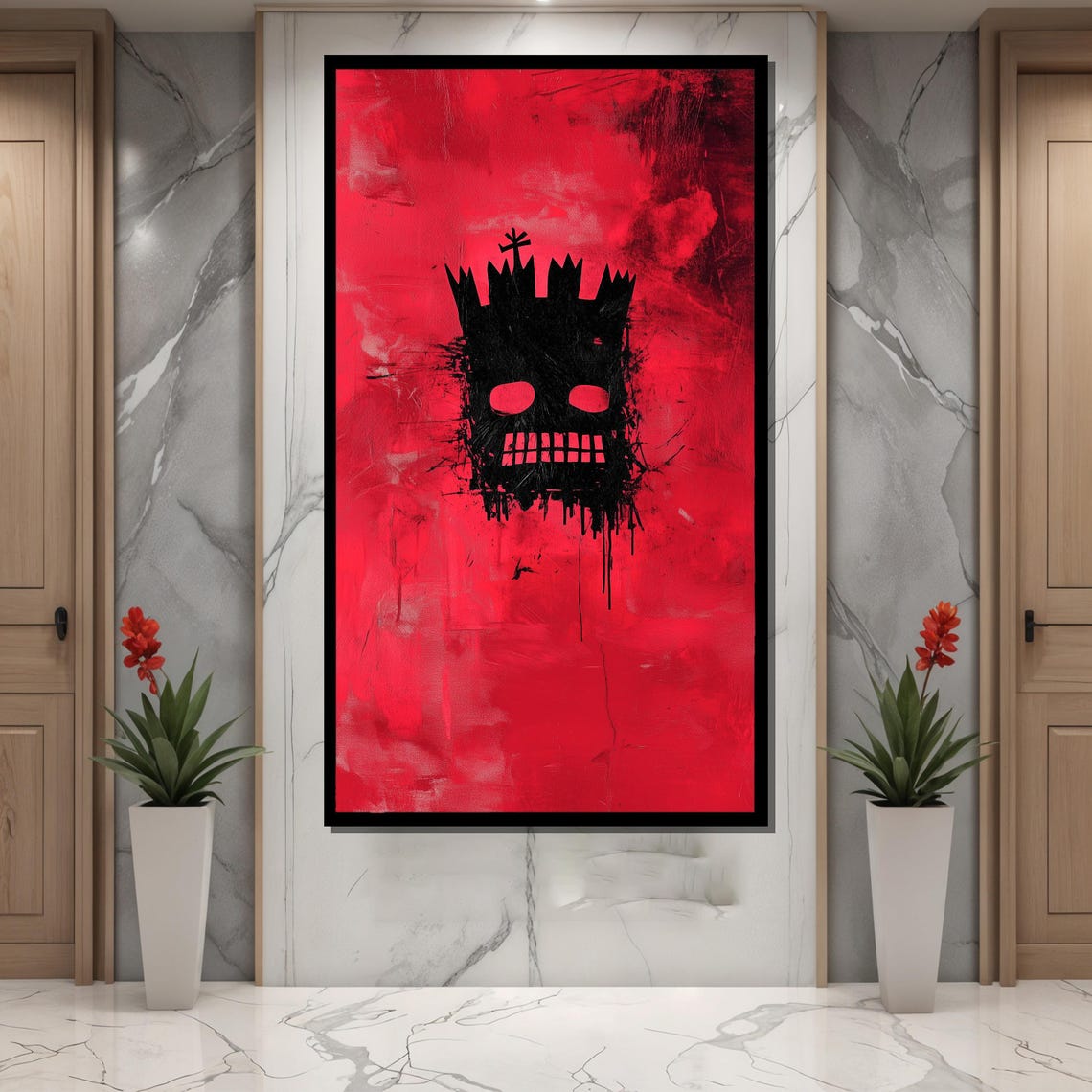 Jean Michel Basquiat Style Painting Minimalist Graffiti Skull Art Abstract Red And Black Expressionist Poster Urban Street Art - Image 4