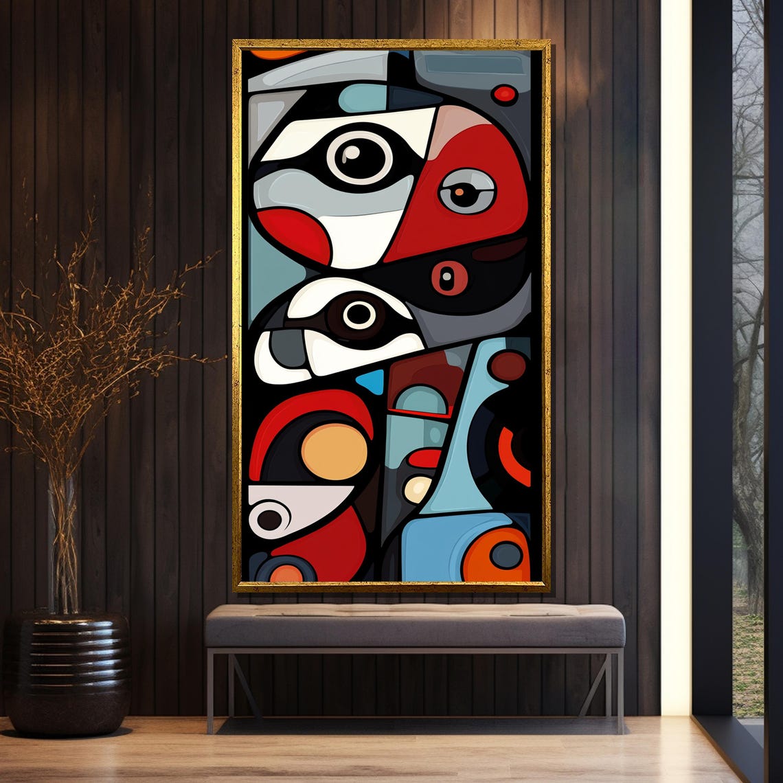Tribal-Inspired Abstract with Cubist Eyes in Red Black and Blue Poster - Image 5