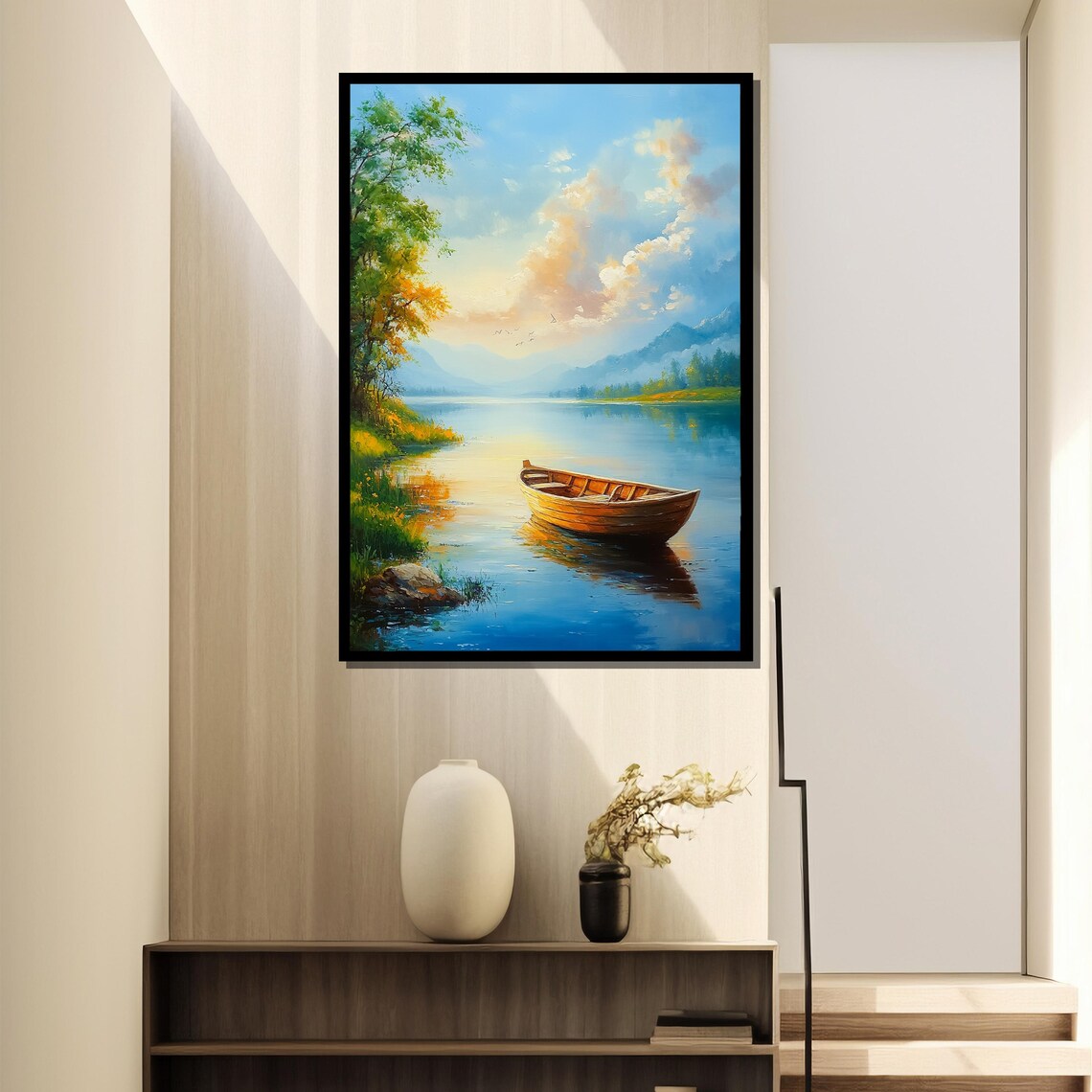 Wooden Rowboat On Calm Mountain Lake Sunrise Landscape Poster - Image 4