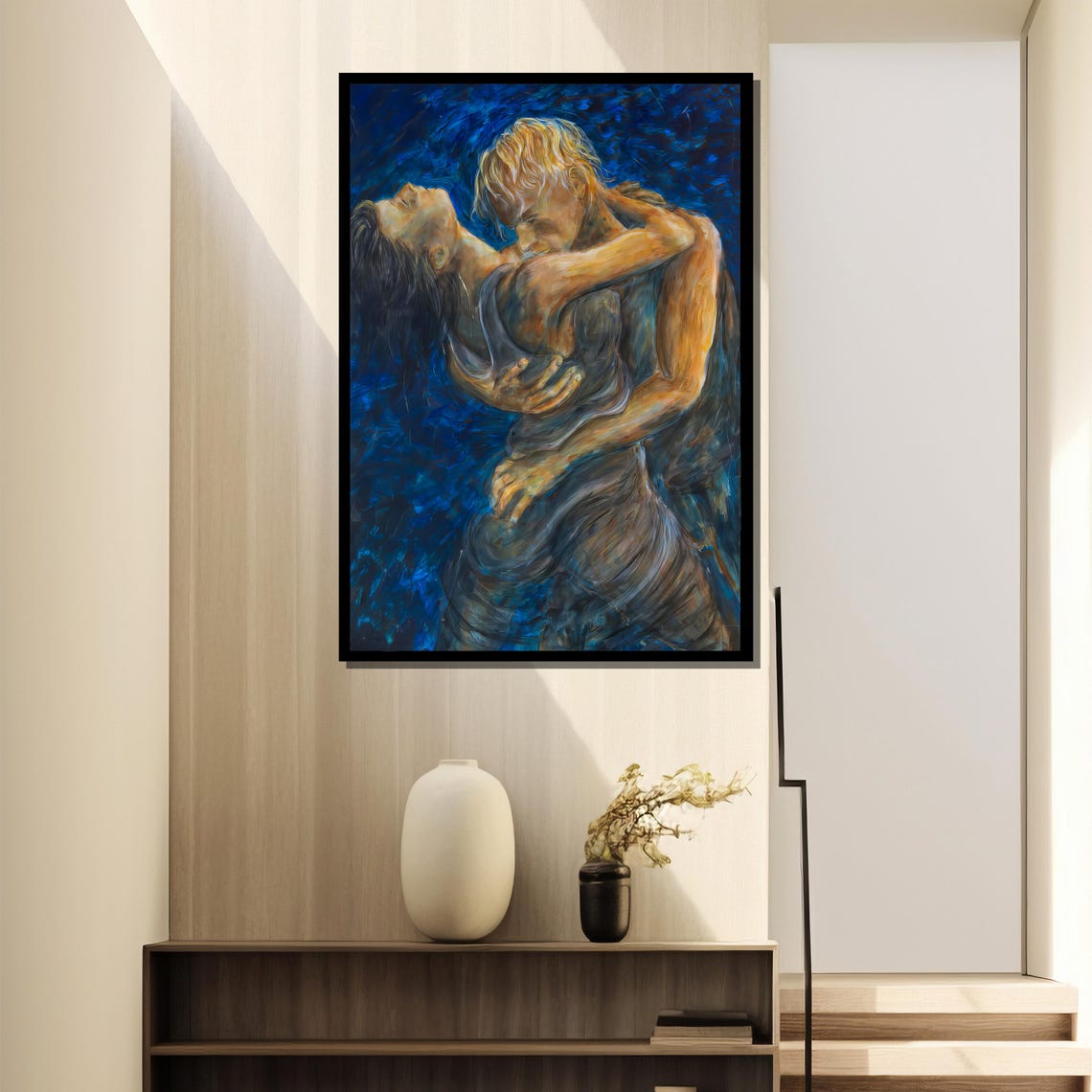 Passionate Embracing Couple Blue Expressive Romance Art Poster - Image 4