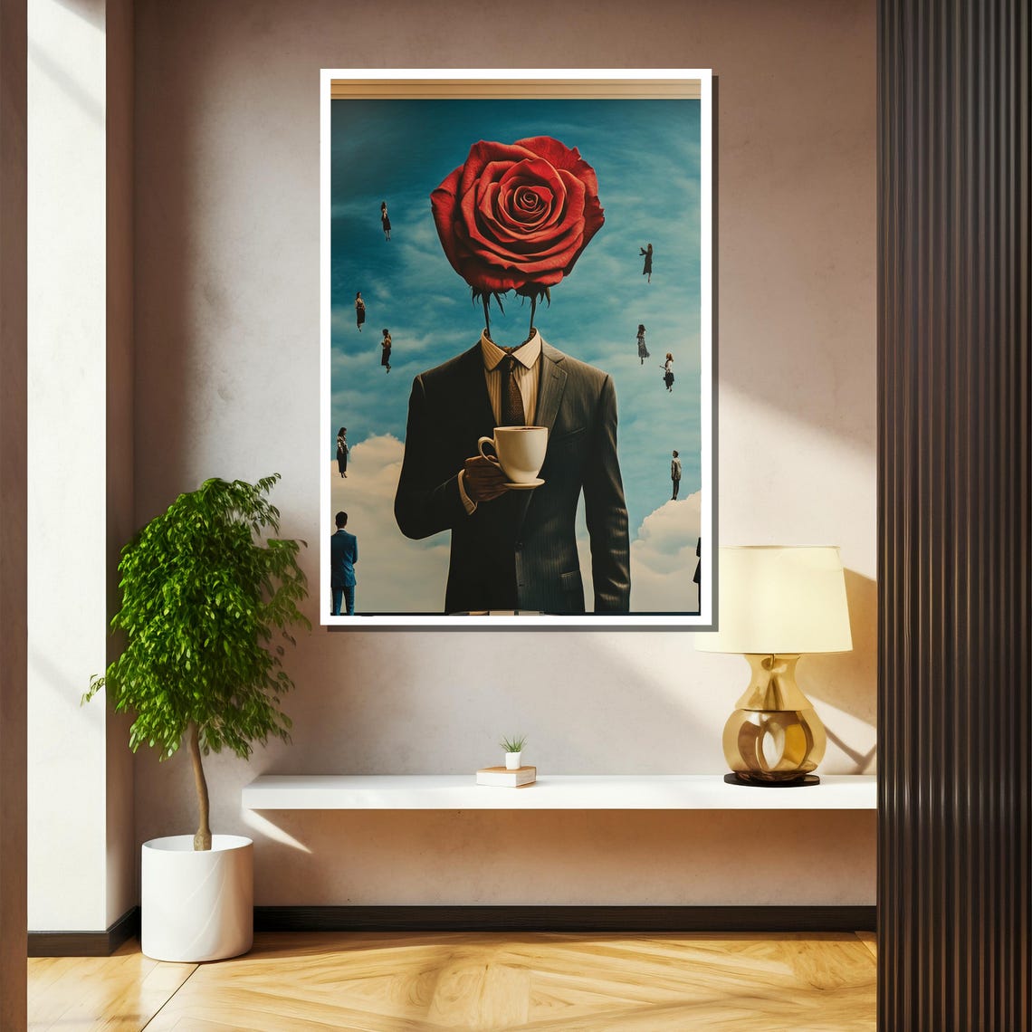 Surreal Rose Headed Businessman Holding a Coffee Cup Art Poster - Image 2