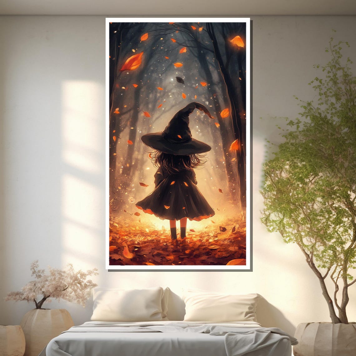 Little Witch Walking Through Autumn Leaves in Glowing Forest Poster - Image 2