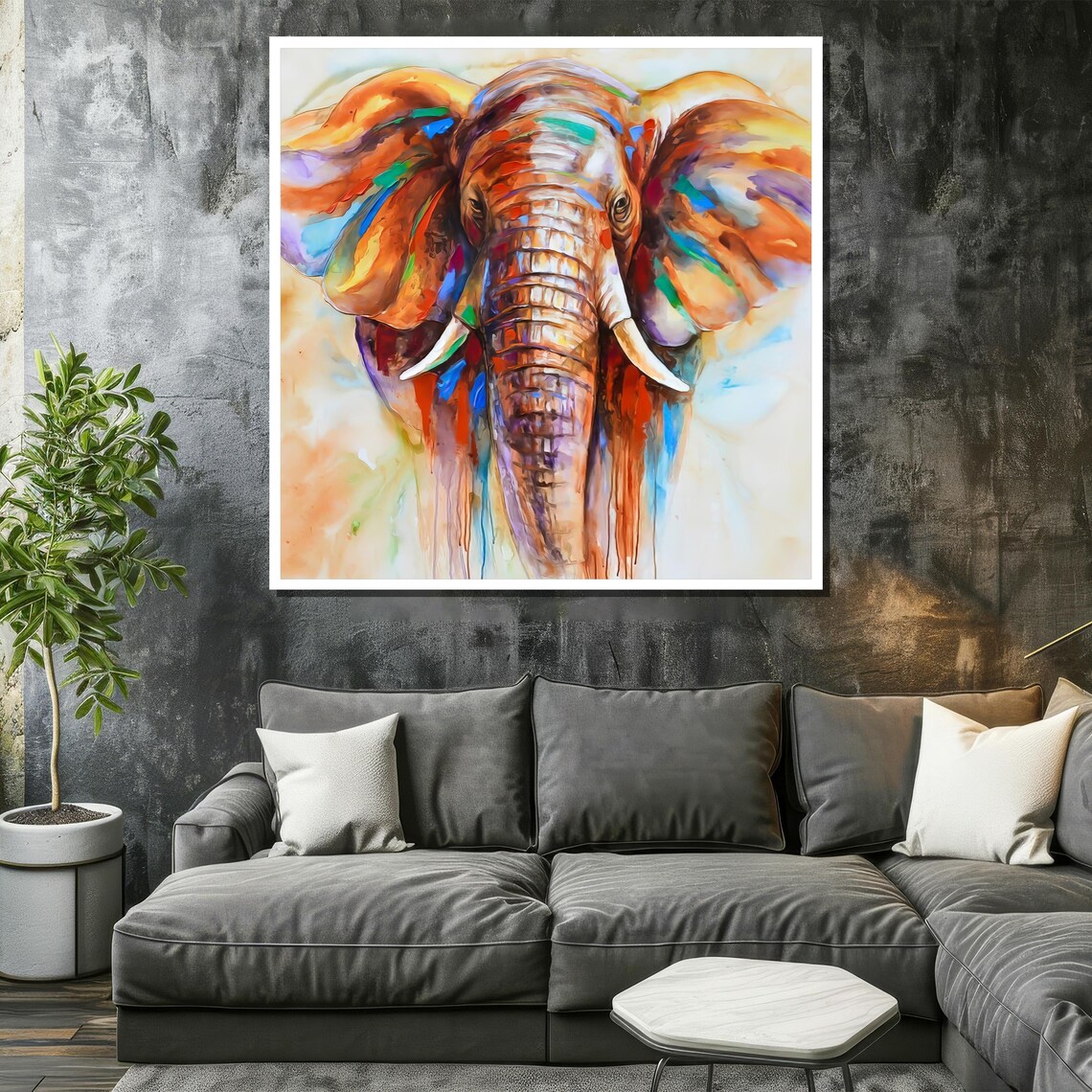 Colorful Watercolor Elephant Front Portrait Abstract Wildlife Poster - Image 2