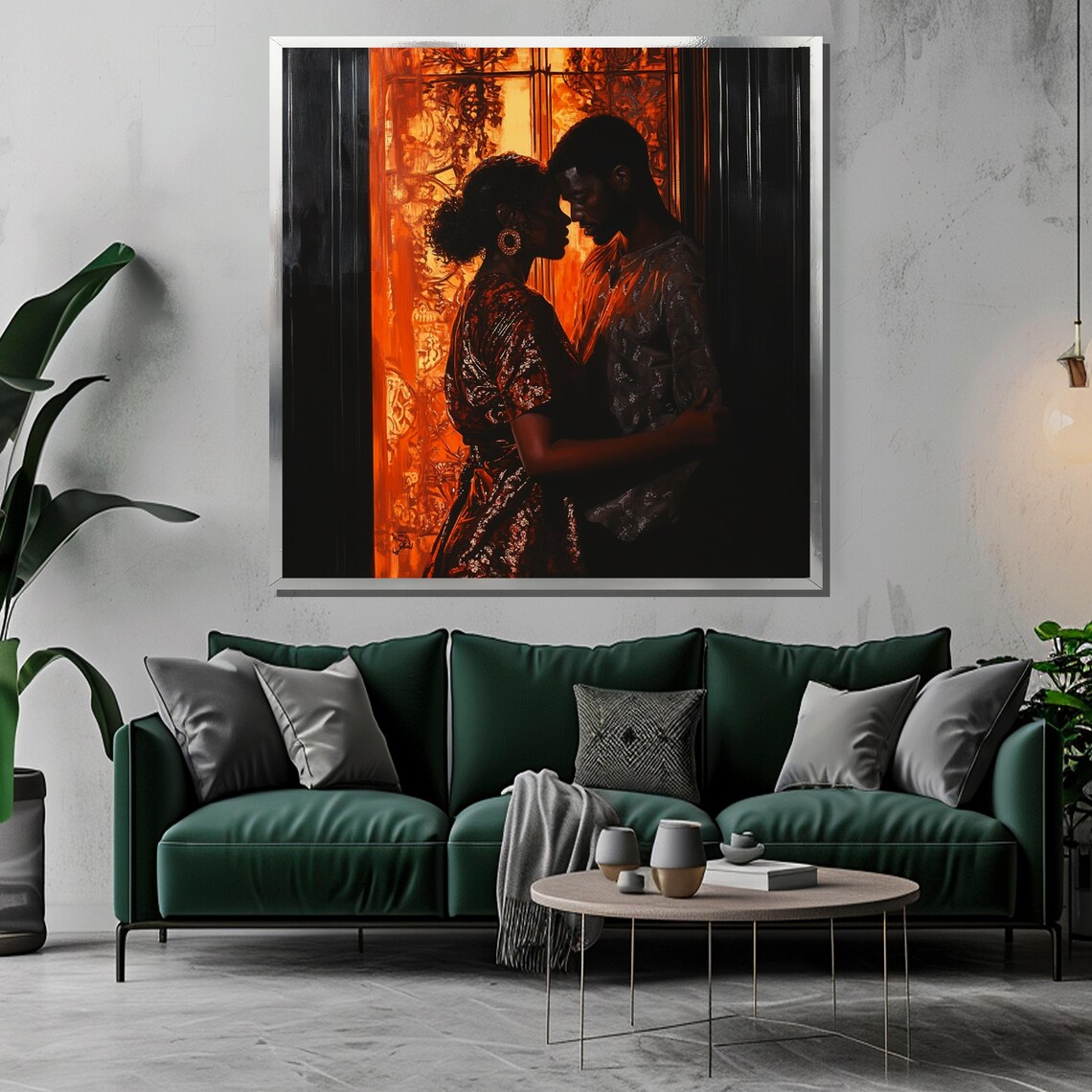 Couple Embrace in Doorway Against Fiery Orange Sunset Glow Poster - Image 3