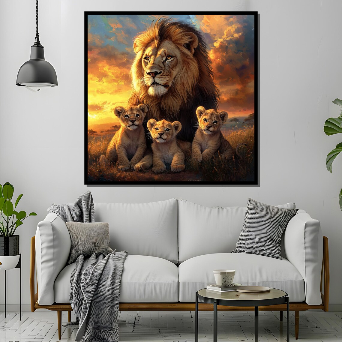 Majestic Lion with Three Cubs in Golden Sunset Savanna Poster - Image 4