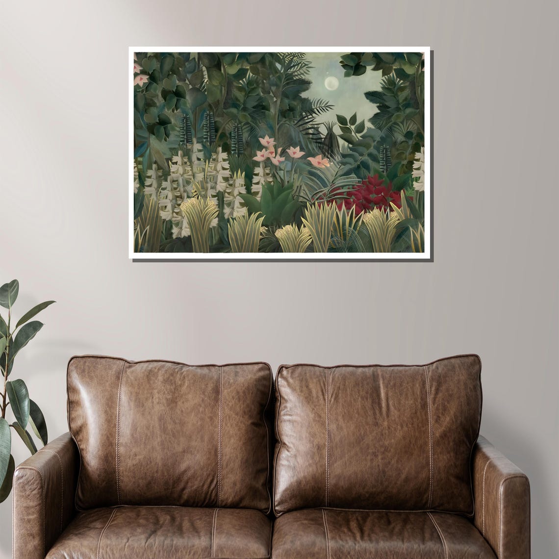 Moonlit Jungle With Exotic Flowers Naive Style Tropical Poster - Image 2