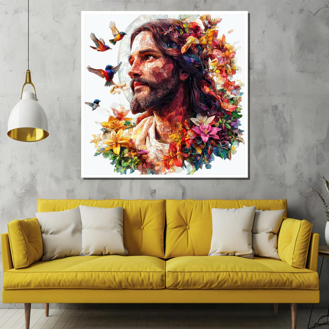 Colorful Stained Glass Jesus Portrait With Flowers and Birds Poster - Image 2
