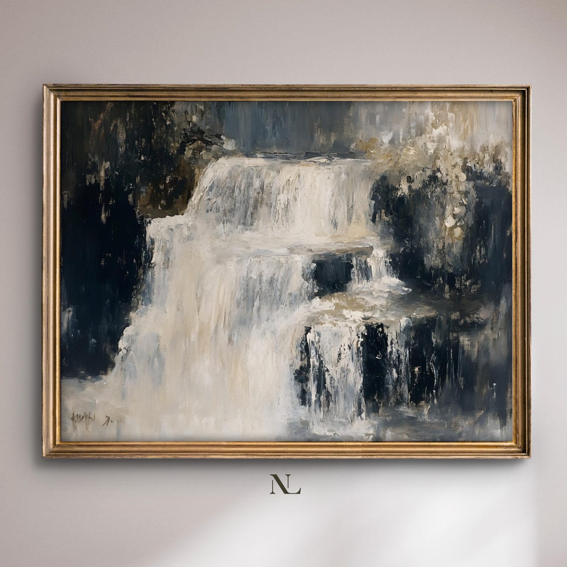 Waterfall In White And Ivory Tones Moody Nature Painting Poster