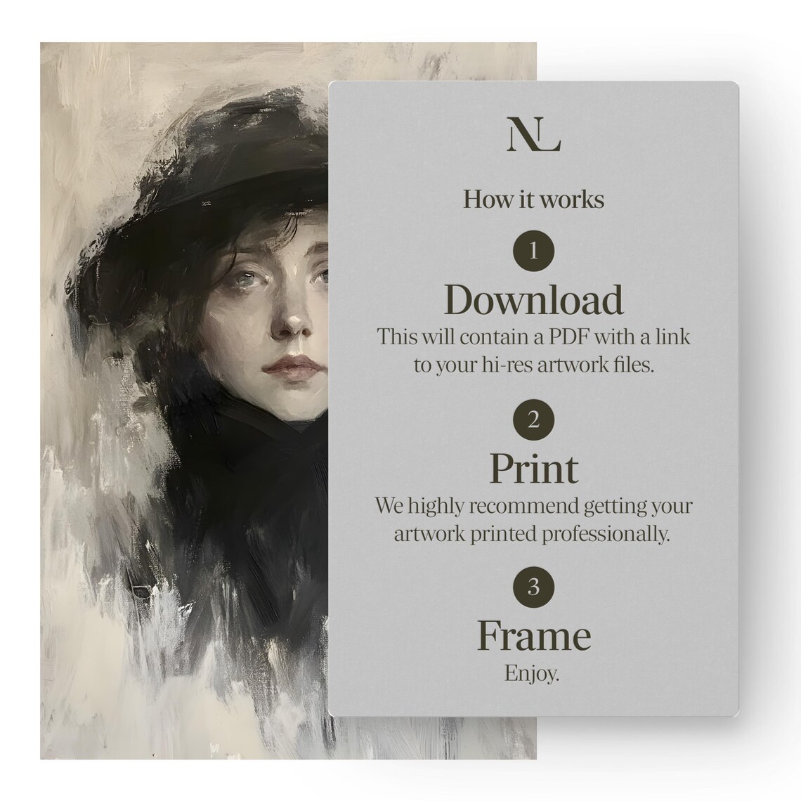 Woman In Black Hat Moody Monochrome Impressionist Portrait Poster - Image 4