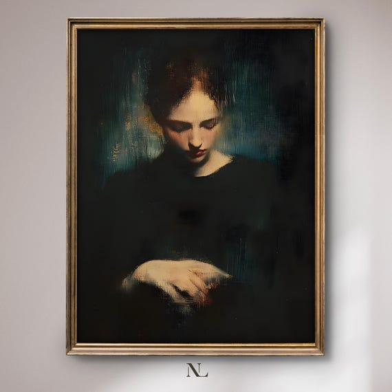 Wall Art Thoughtful Woman Moody Home Decor Rustic Vintage Portrait Oil Painting Cosy Farmhouse Impressionist Print