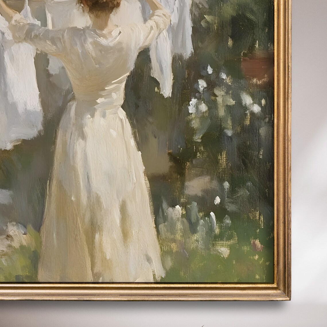 Woman Hanging Laundry On Line Sunny Garden Vintage Painting Poster - Image 7