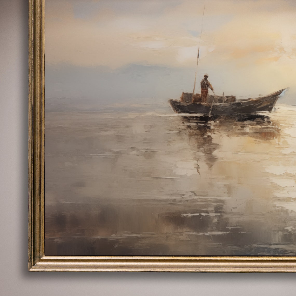 Fisherman In Small Boat On Calm Misty Sea Sunset Glow Poster - Image 8