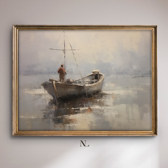 Lone Fisherman Wooden Boat Misty Water Vintage Fishing Poster