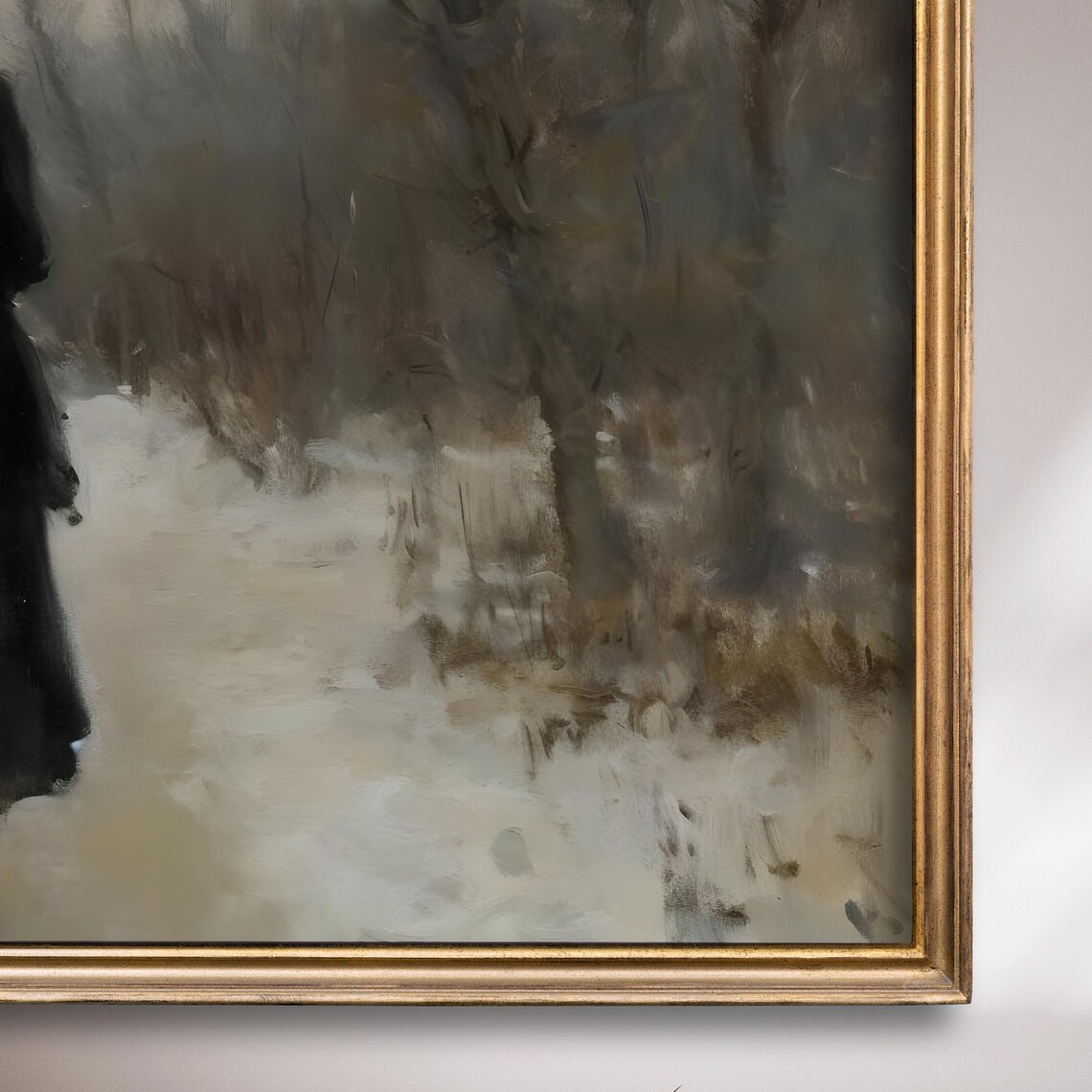 Woman In Black Dress Walking Snowy Path Moody Winter Painting Poster - Image 7