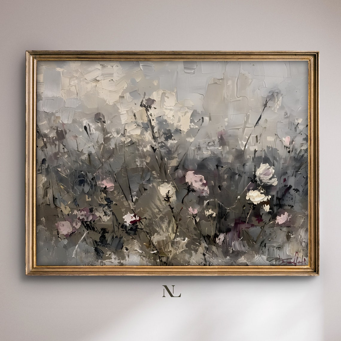 Abstract Floral Painting In Soft Grey And Pink Impasto Style Poster