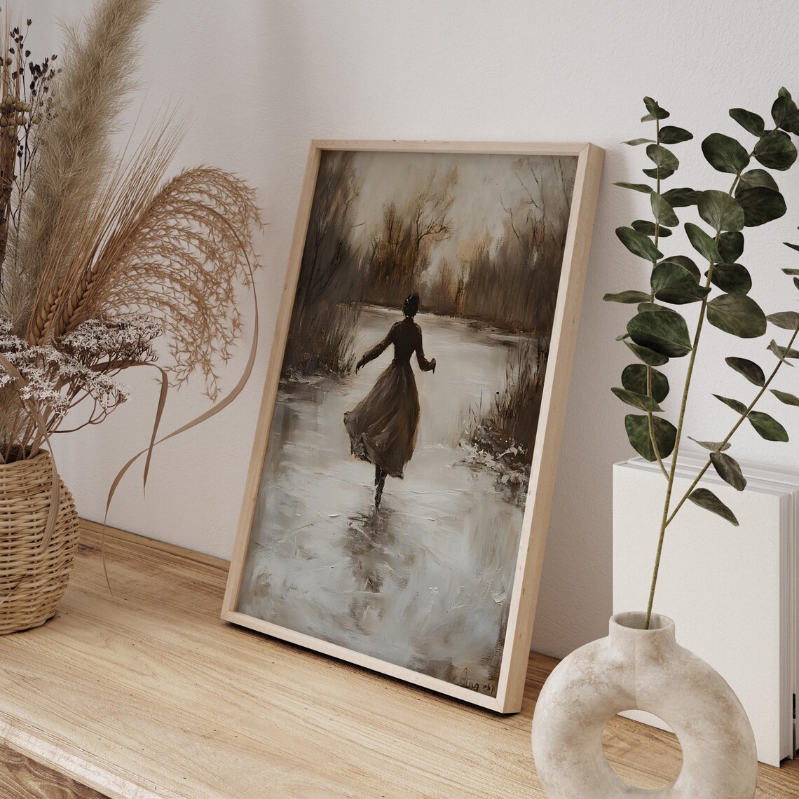 Victorian Woman Ice Skating On Frozen Pond Winter Painting Poster - Image 3