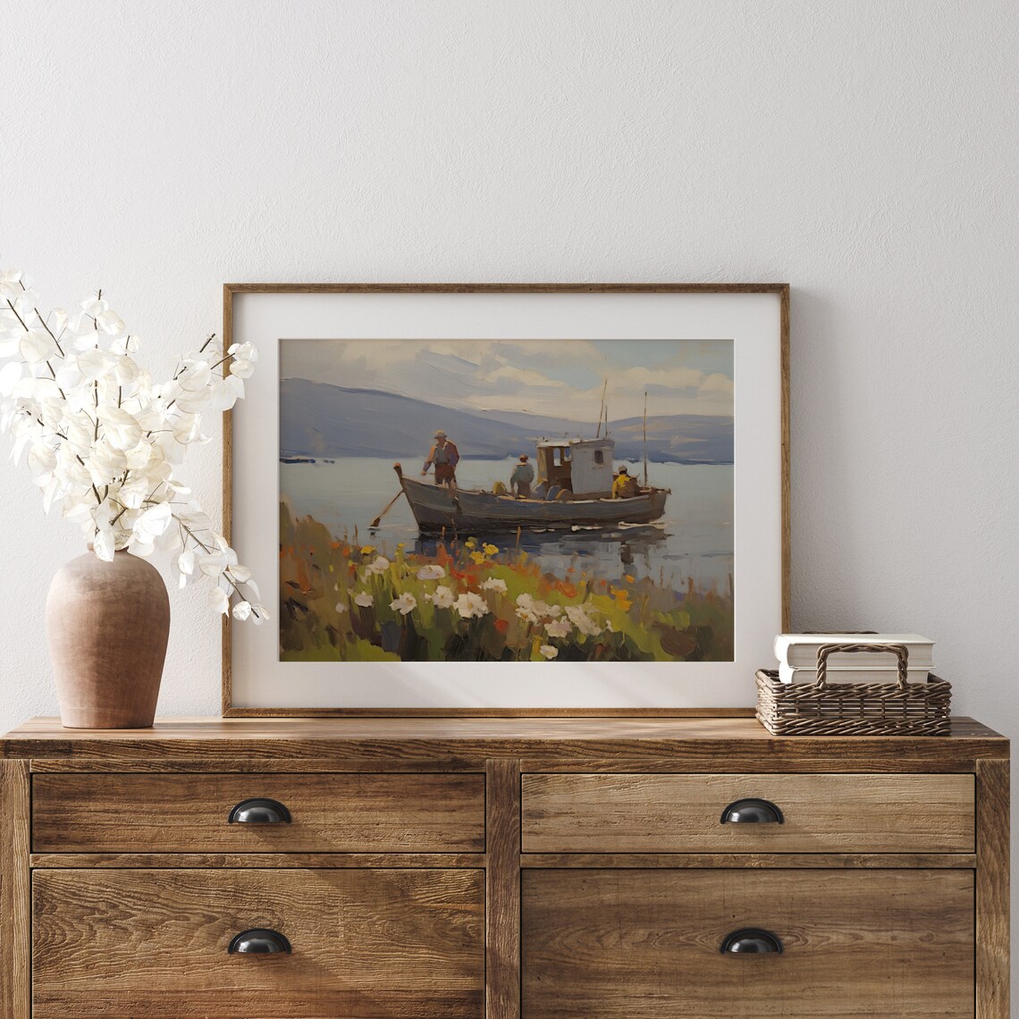 Fishing Boat Crew Wildflower Shore Mountain Lake Painting Poster - Image 2