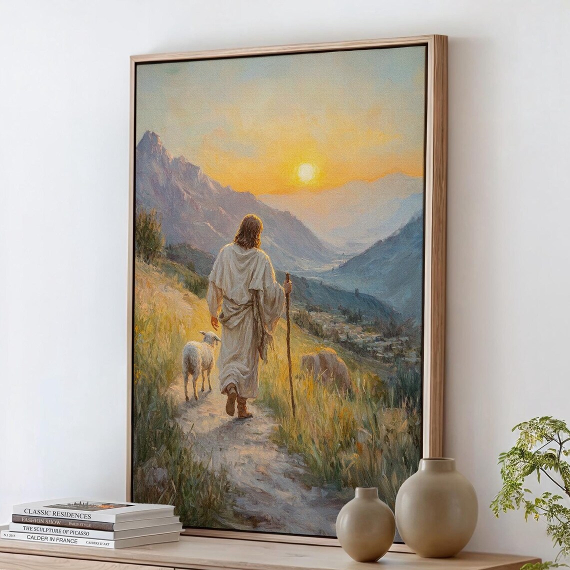 Jesus Walking With Sheep At Sunset, Christian Art Print