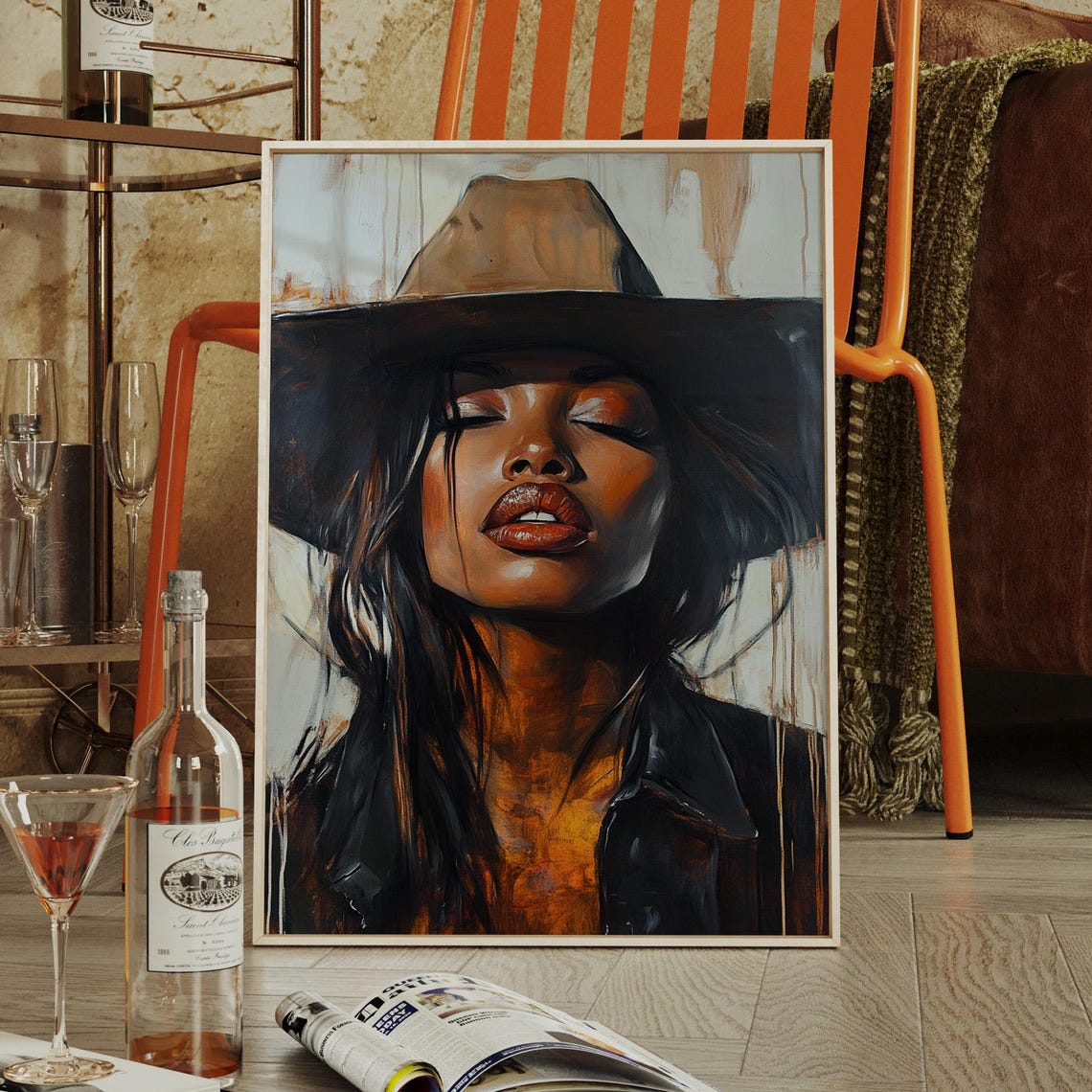 Cowgirl Portrait Canvas Wall Art Bold Western Woman With Closed Eyes Dripping Oil Texture Modern Rustic Boho Decor Statement