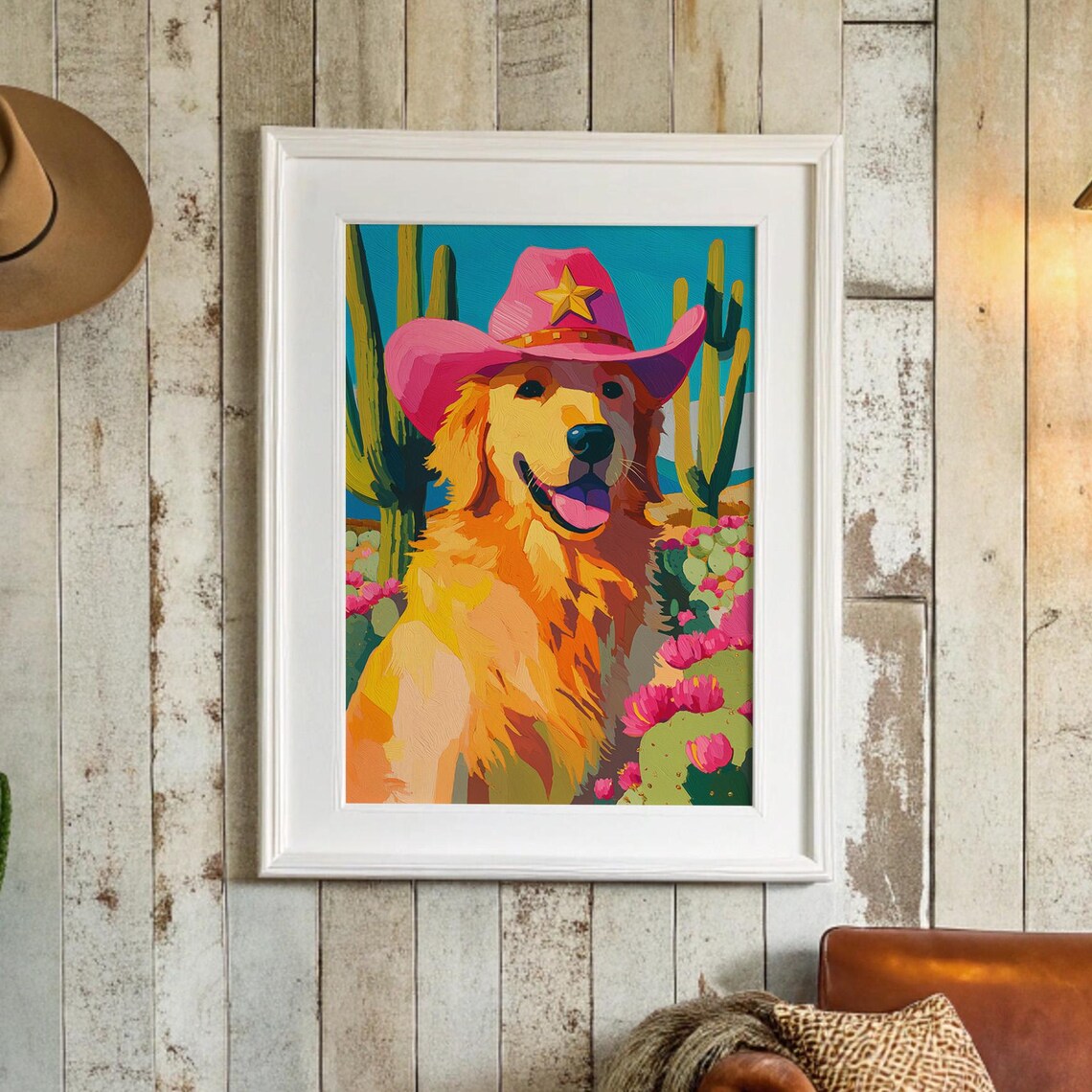Golden Retriever Sheriff Pink Cowboy Hat Cactus Bloom Art Poster