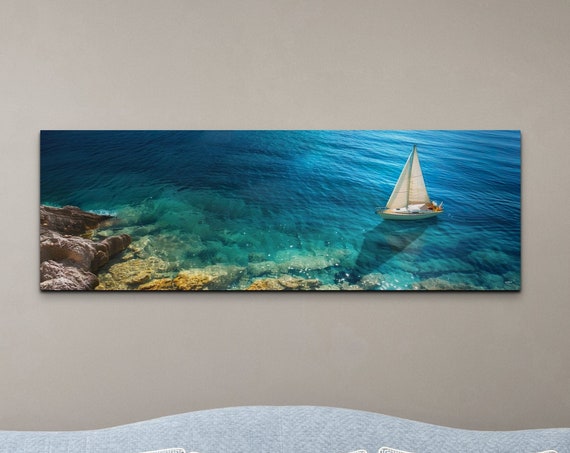 Sailboat In Clear Ocean Wall Art Print Panoramic Wall Decor Livingroom Ready To Hang Nature Decor Tropical Sea Art Nautical Art