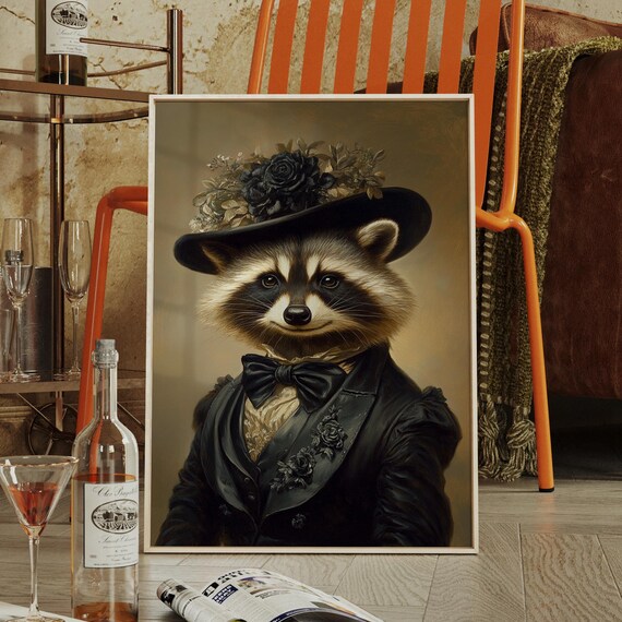 Dapper Raccoon In Black Suit Bow Tie Rose Hat Vintage Portrait Poster
