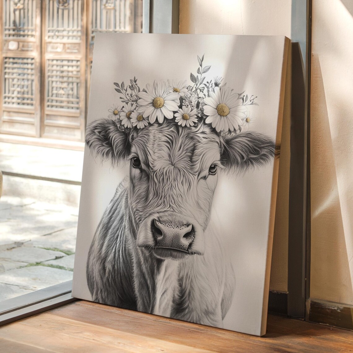 Gray Cow Wearing Daisy Crown Black and White Farm Animal Poster