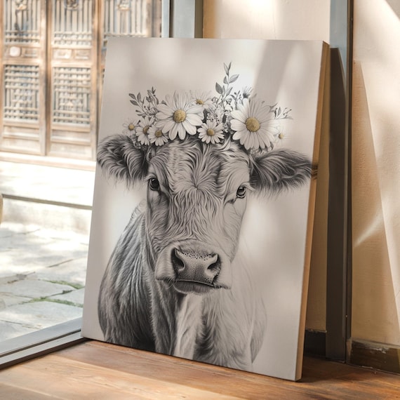 Gray Cow Wearing Daisy Crown Black and White Farm Animal Poster