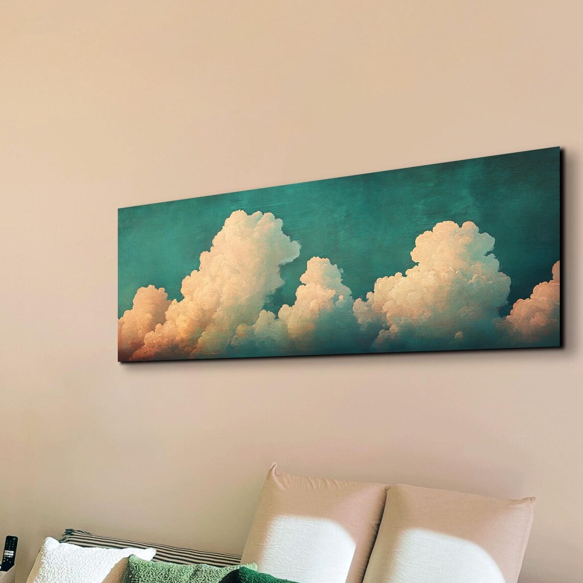 Golden Cumulus Clouds on Teal Sky Sunset Panoramic Art Poster