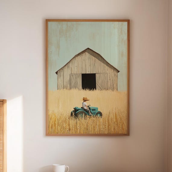 Vintage Farm Boy On Tractor Canvas Wall Art Rustic Barn Field Nursery Print Country Kids Room Decor Farmhouse Wheat Poster