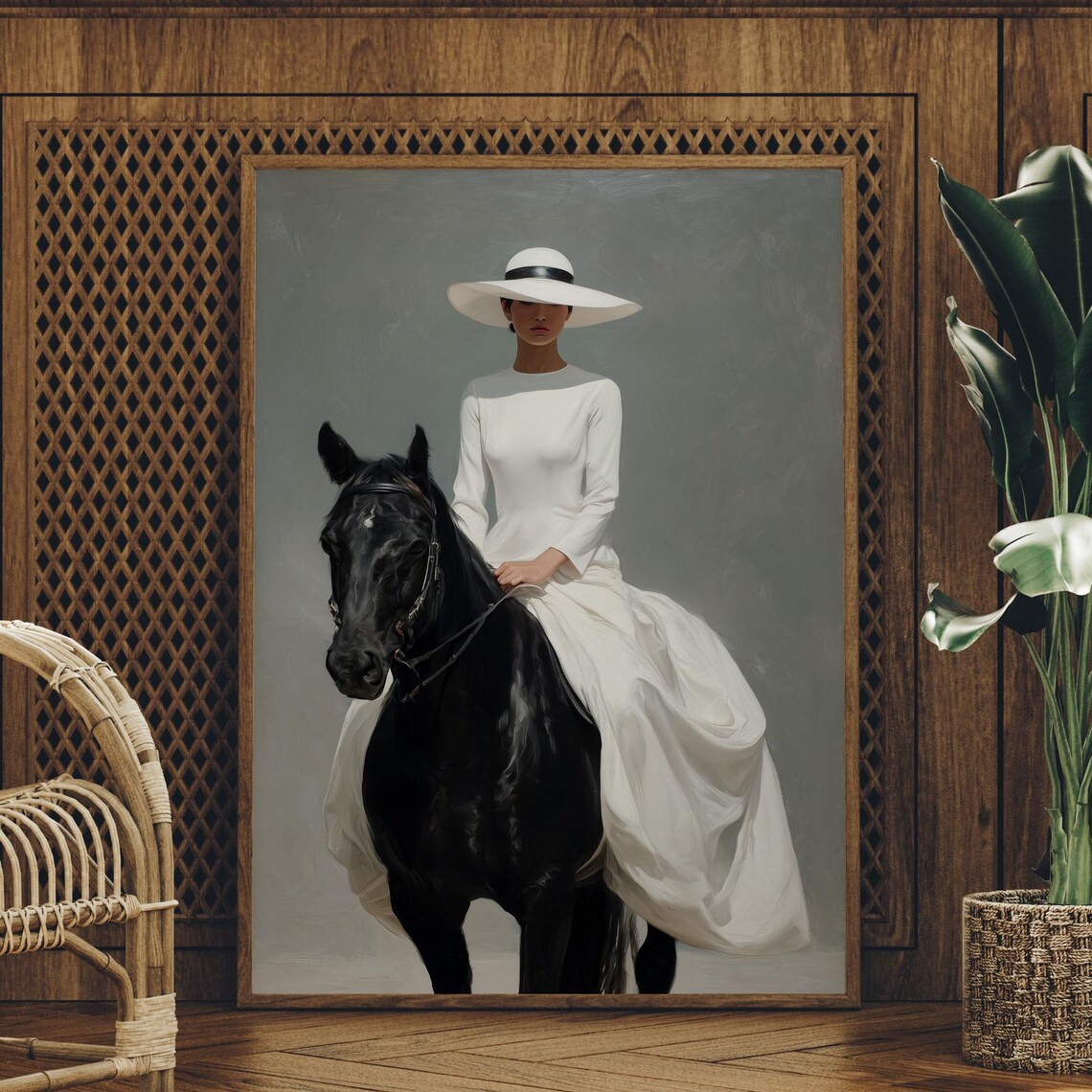 Elegant Woman Riding Black Horse Portrait Art Print