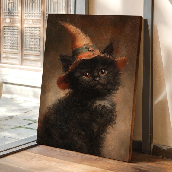 Vintage Oil Painting Of Black Cat In Witch Hat Halloween Kitten Wall Art Whimsical Spooky Canvas Dcor For Autumn And Seasonal Home Styling