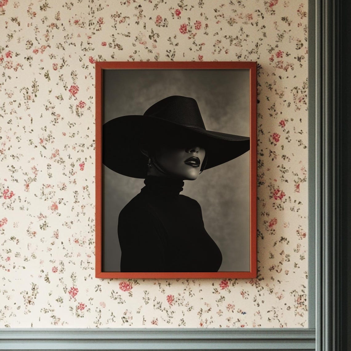 Mysterious Woman In Wide Brim Hat Dramatic Black White Art Poster