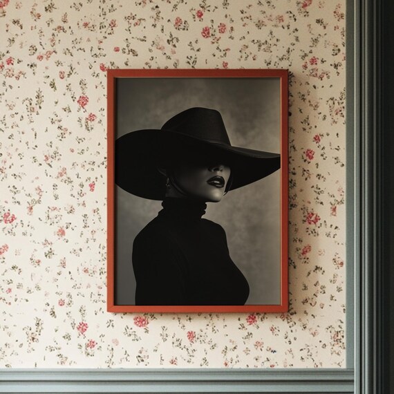 Mysterious Woman In Wide Brim Hat Dramatic Black White Art Poster