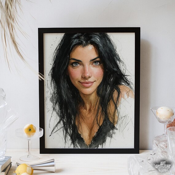 Watercolor Portrait of a Woman With Long Black Hair Art Poster