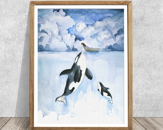 Orca Whale Watercolor Painting, Ocean Art Print