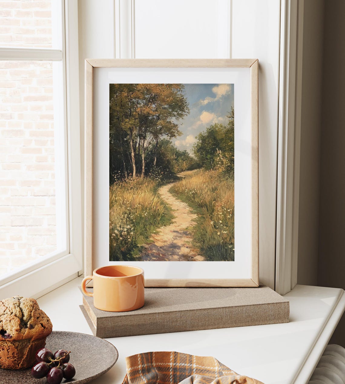 Sunlit Wildflower Meadow Path With Trees Under Bright Blue Sky Poster - Image 6