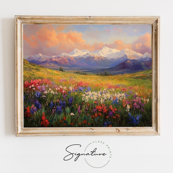 Alpine Wildflower Meadow Sunrise Snow Capped Mountain Landscape Poster
