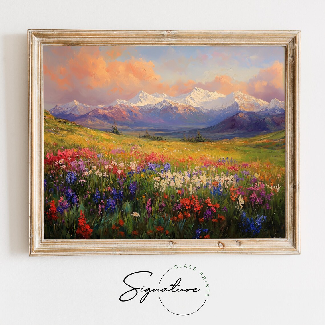 Alpine Wildflower Meadow Sunrise Snow Capped Mountain Landscape Poster