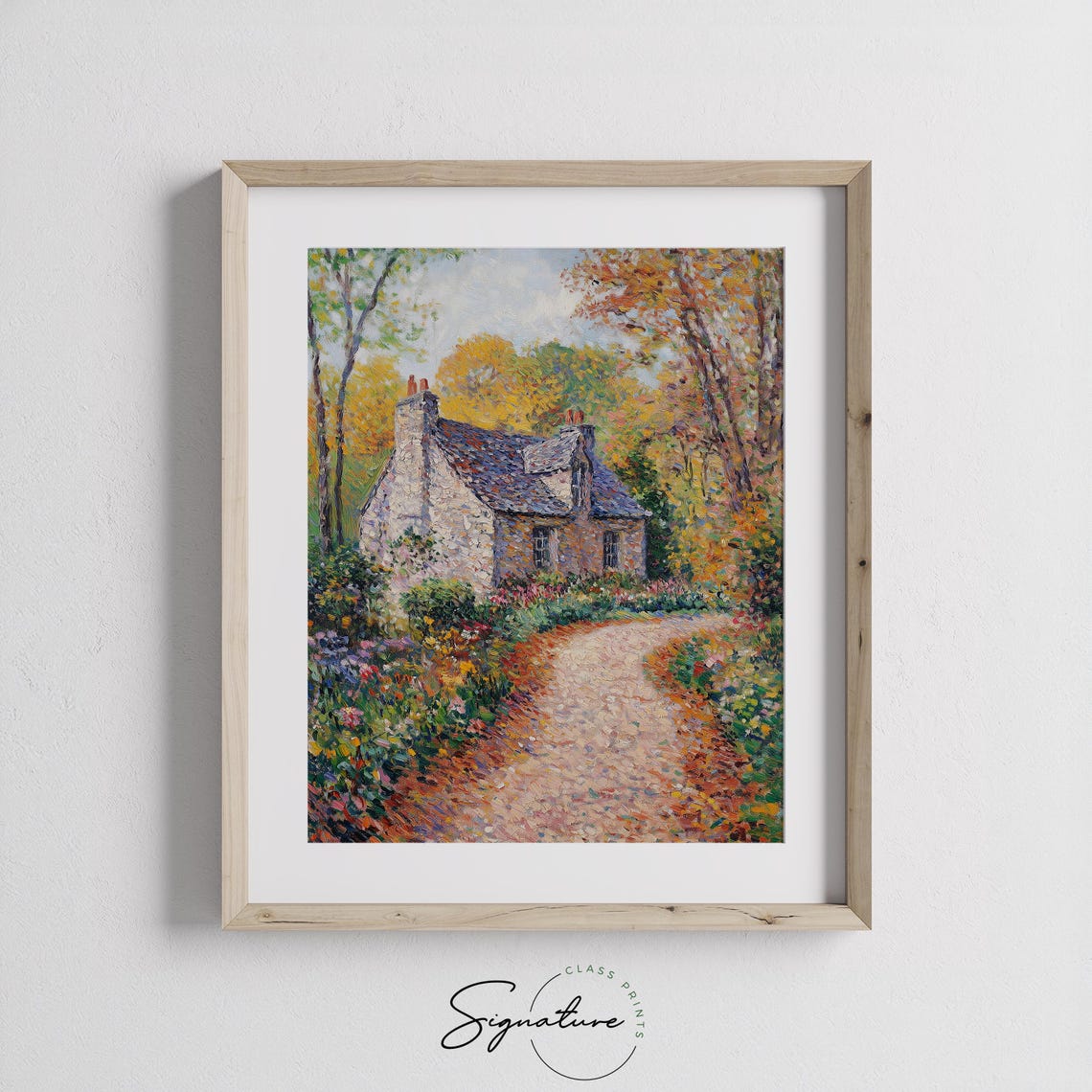 Cozy Stone Cottage Autumn Garden Impressionist Landscape Poster - Image 3