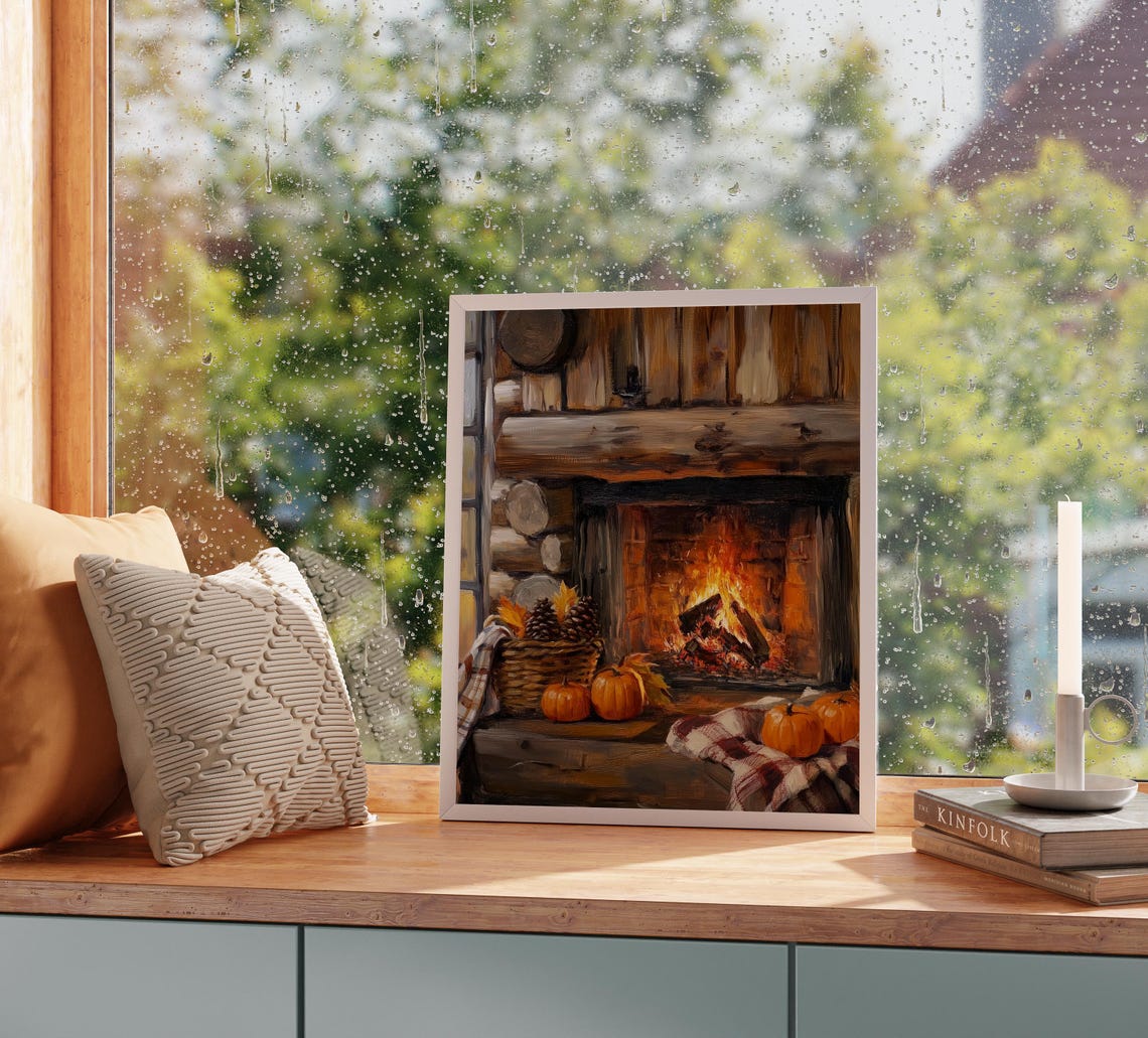 Cozy Log Cabin Fireplace with Pumpkins and a Pinecone Basket Poster - Image 2