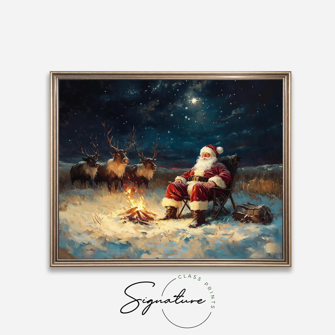 Santa Claus By Campfire With Reindeer Under A Starry Night Poster - Image 4