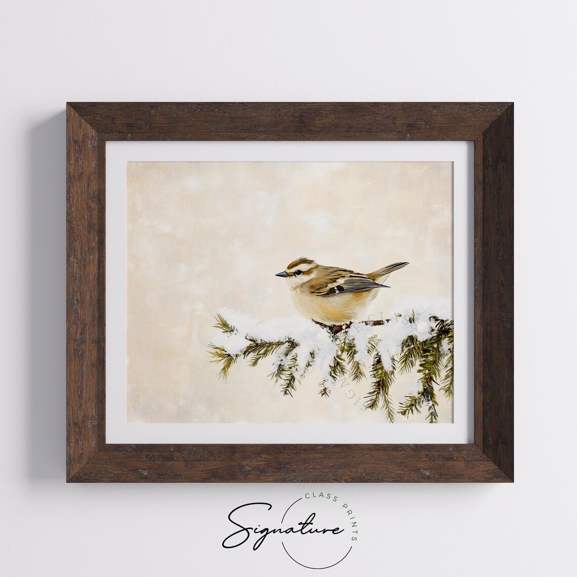 Small Songbird on Snowy Fir Branch Soft Winter Bird Art Poster - Image 4