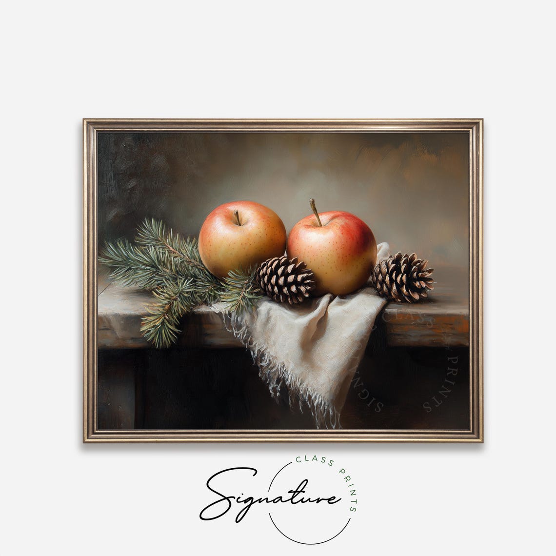 Autumn Apples Pinecones Still Life Oil Painting Rustic Kitchen Poster - Image 4