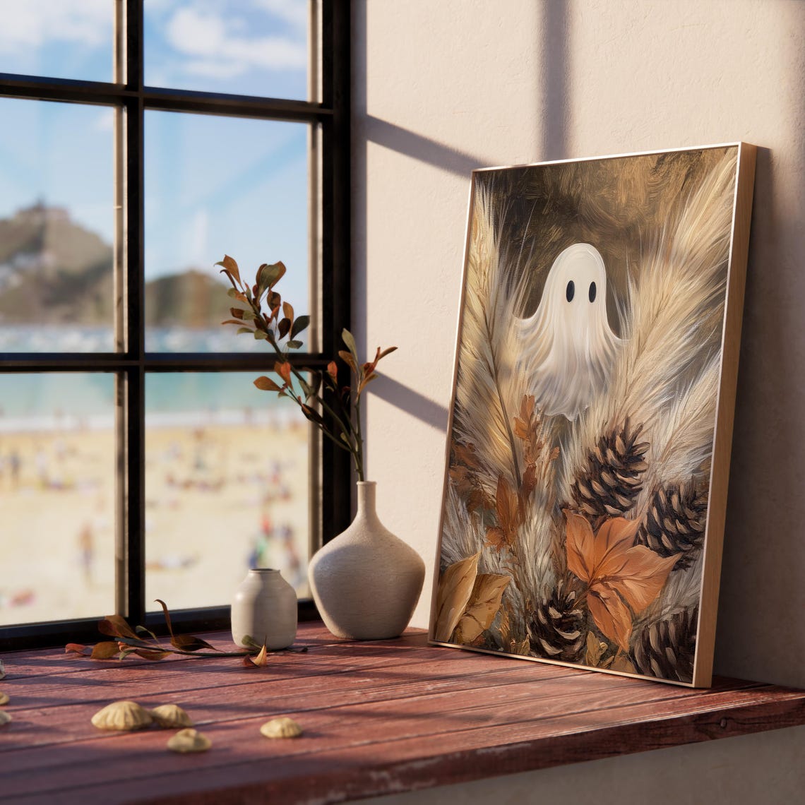 Ghost Hiding in Pampas Grass with Pinecones and Fall Leaves Poster - Image 5