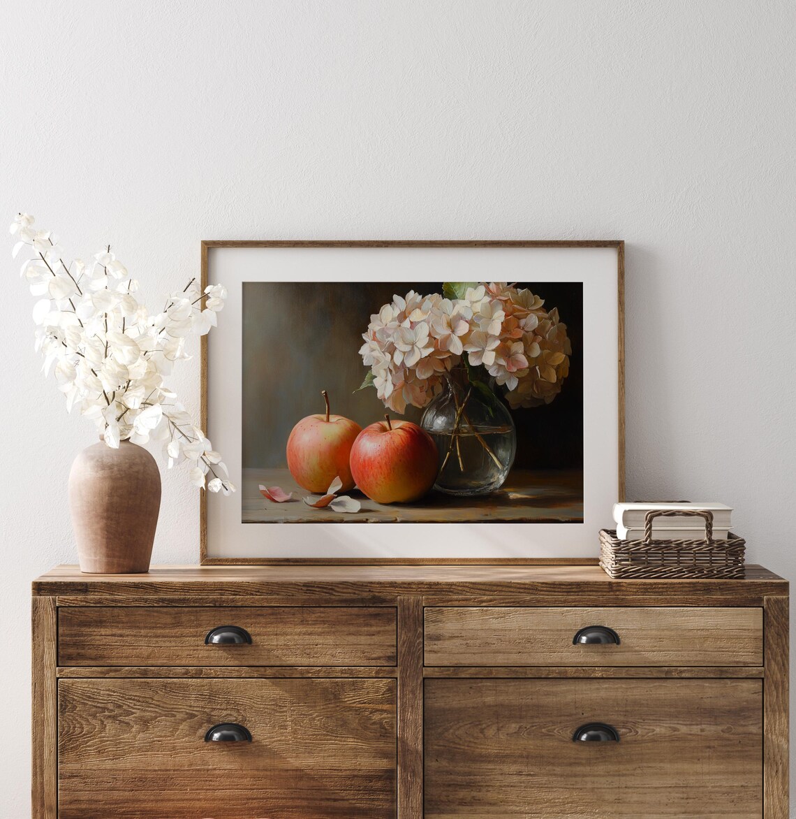 Rustic Still Life With Apples, Hydrangeas Art Print - Image 3