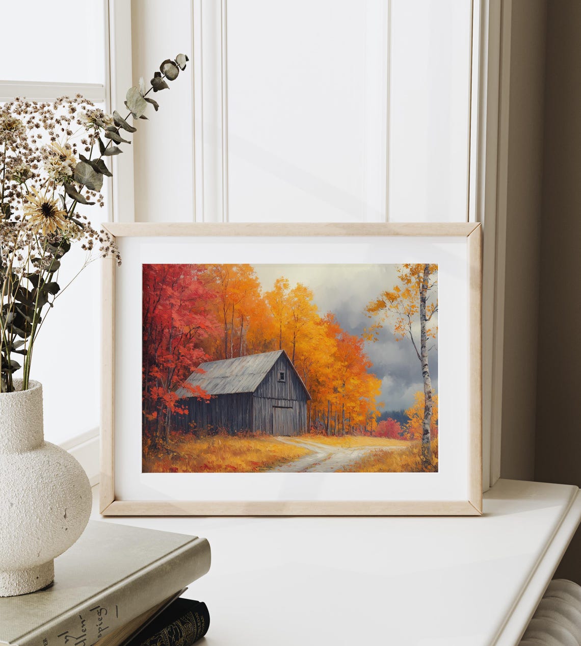 Wooden Barn Autumn Maples Red Forest Fall Rustic Landscape Wall Art - Image 6